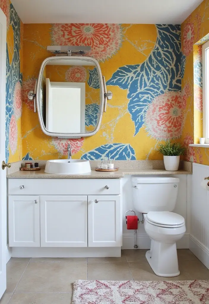bathroom with colorful modern accent wall