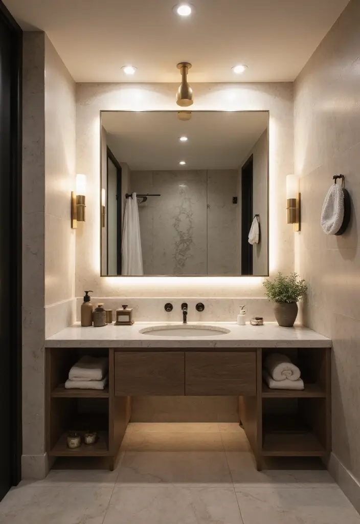 bathroom with layered lighting and warm ambiance