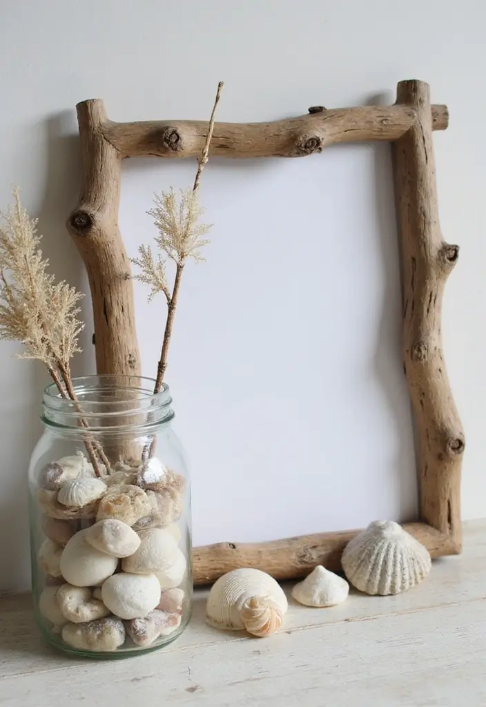 beach-inspired decor with natural shells and driftwood