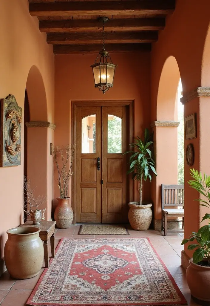 boho entryway in earthy tones with wood accents