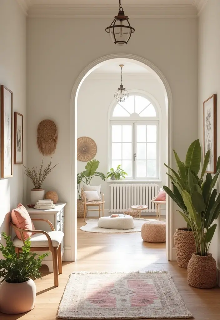boho entryway in soft pastel tones with decor