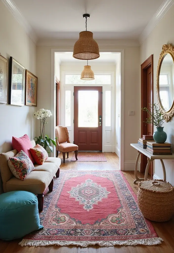 boho entryway with colorful decor accents