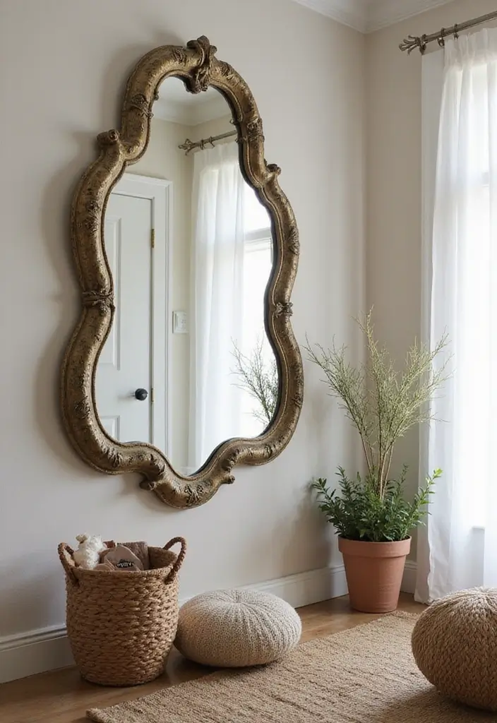 boho entryway with decorative mirror and plants
