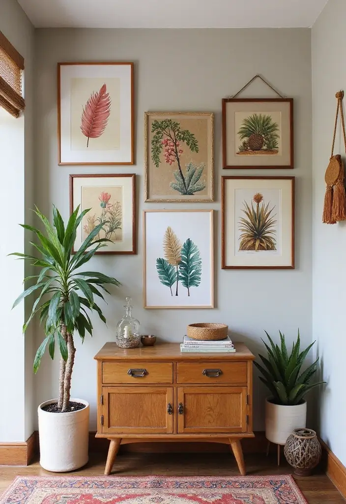 boho entryway with large wall art and decor