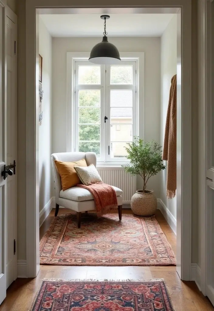 boho entryway with layered rugs and cozy textiles