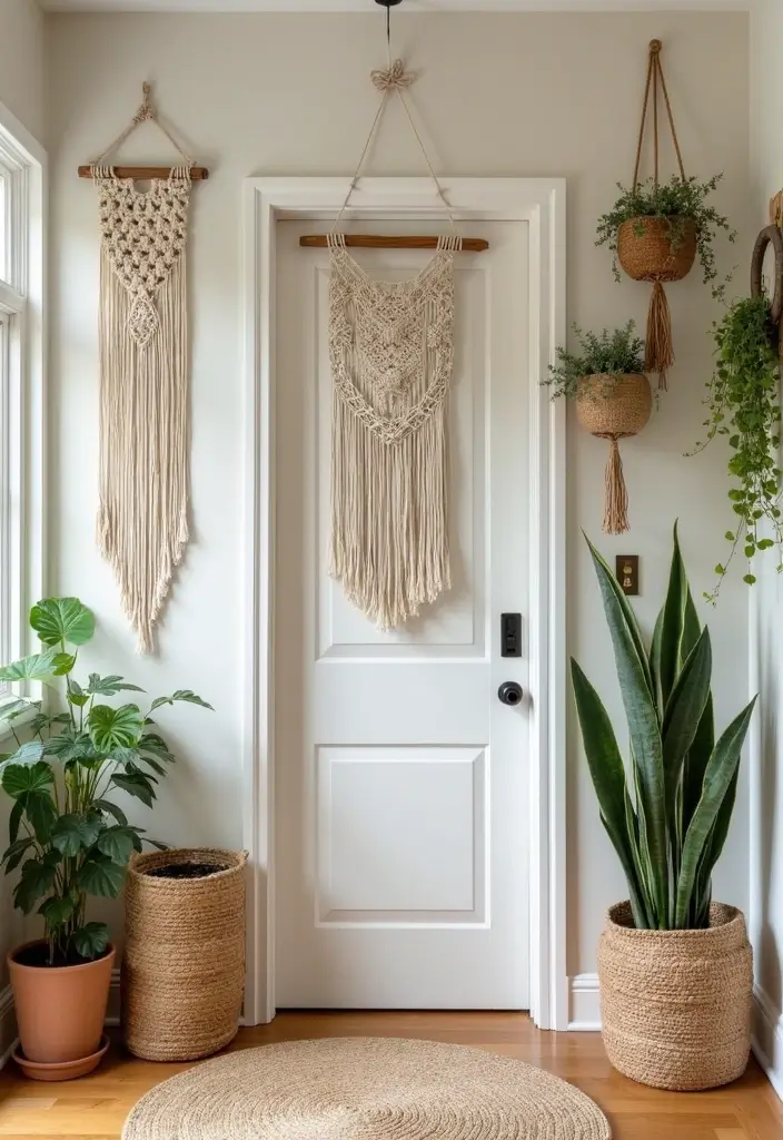 boho entryway with macrame wall hanging and plants