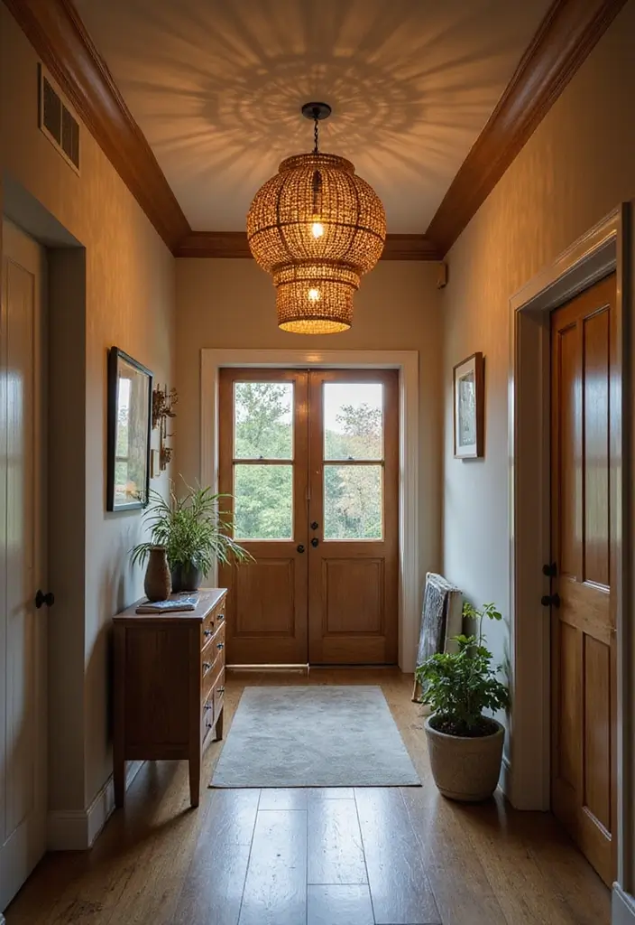 boho entryway with rattan light and warm lighting