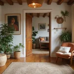 boho entryway with wooden bench plants and rug