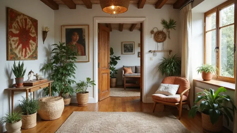 boho entryway with wooden bench plants and rug