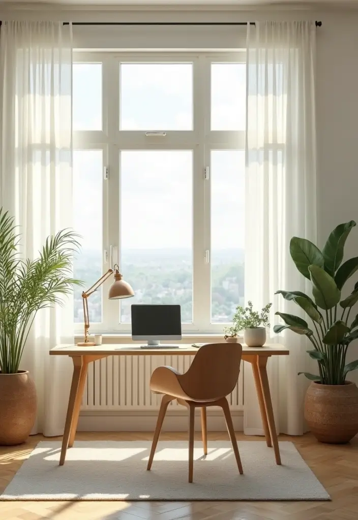 bright airy home office with large windows and light colors