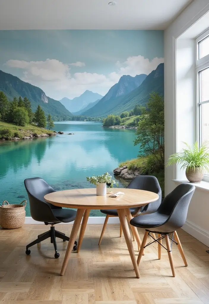 calming landscape wall mural in home office