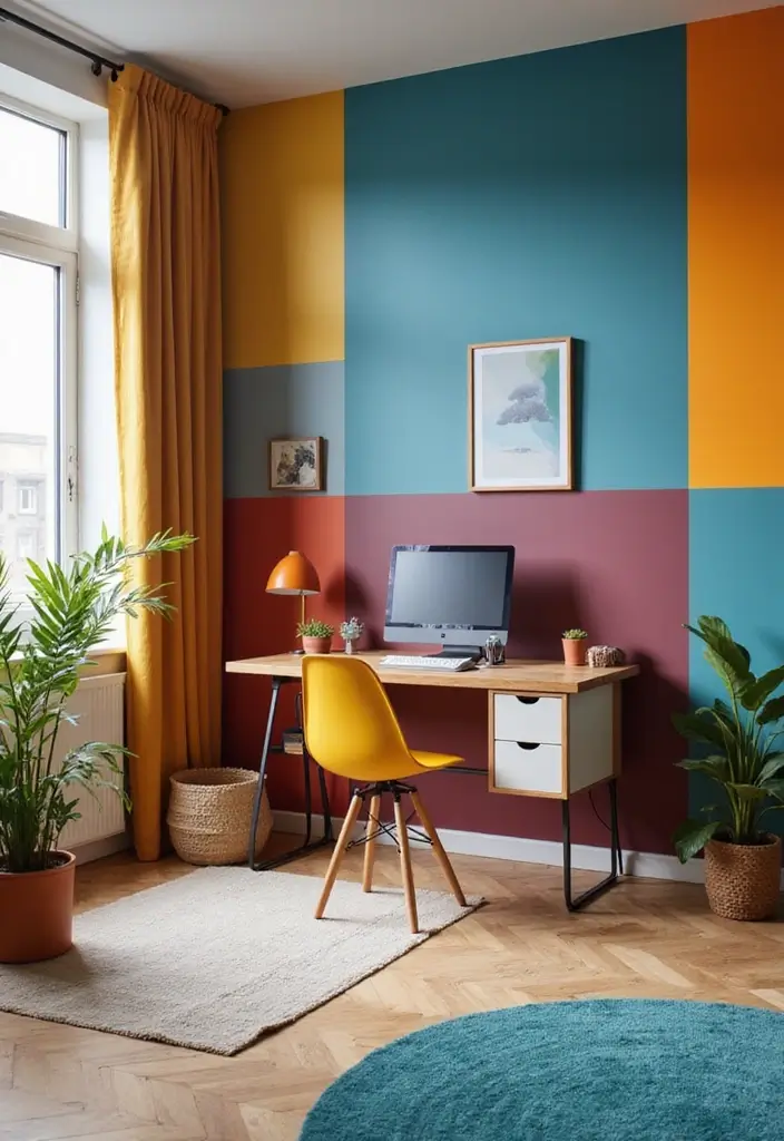 color blocked wall design in modern home office