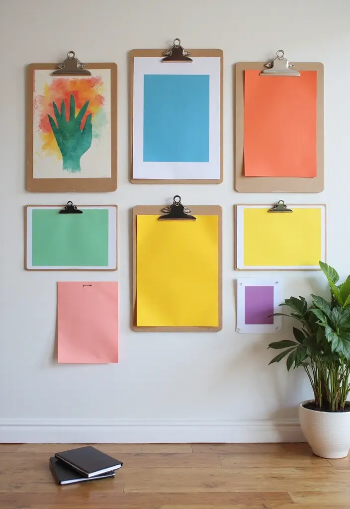 colorful clipboards used as wall decor
