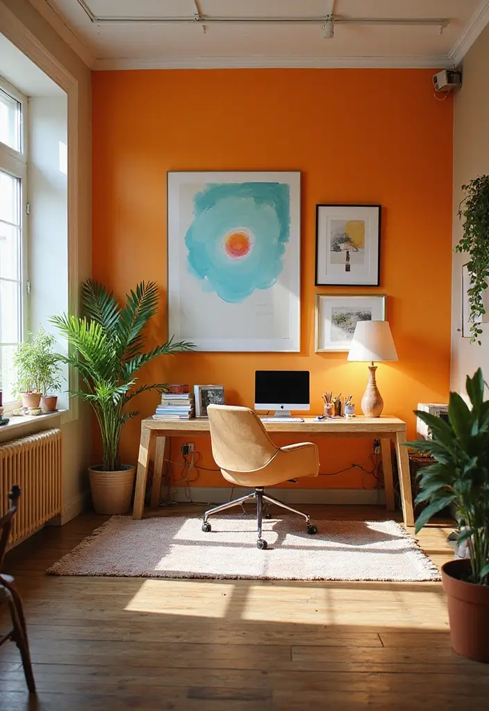 colorful home office walls with bright paint and accent wall decor