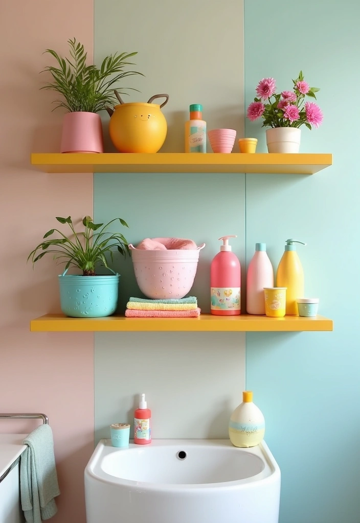 colorful kids floating bathroom shelves