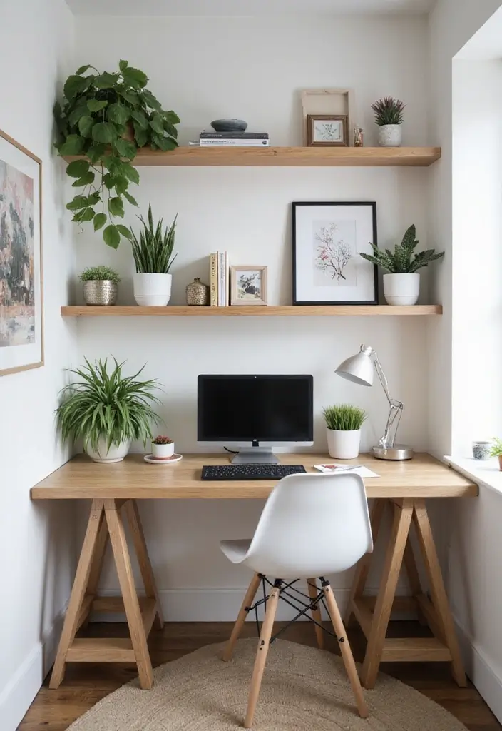 corner desk setup in compact home office with chair and decor