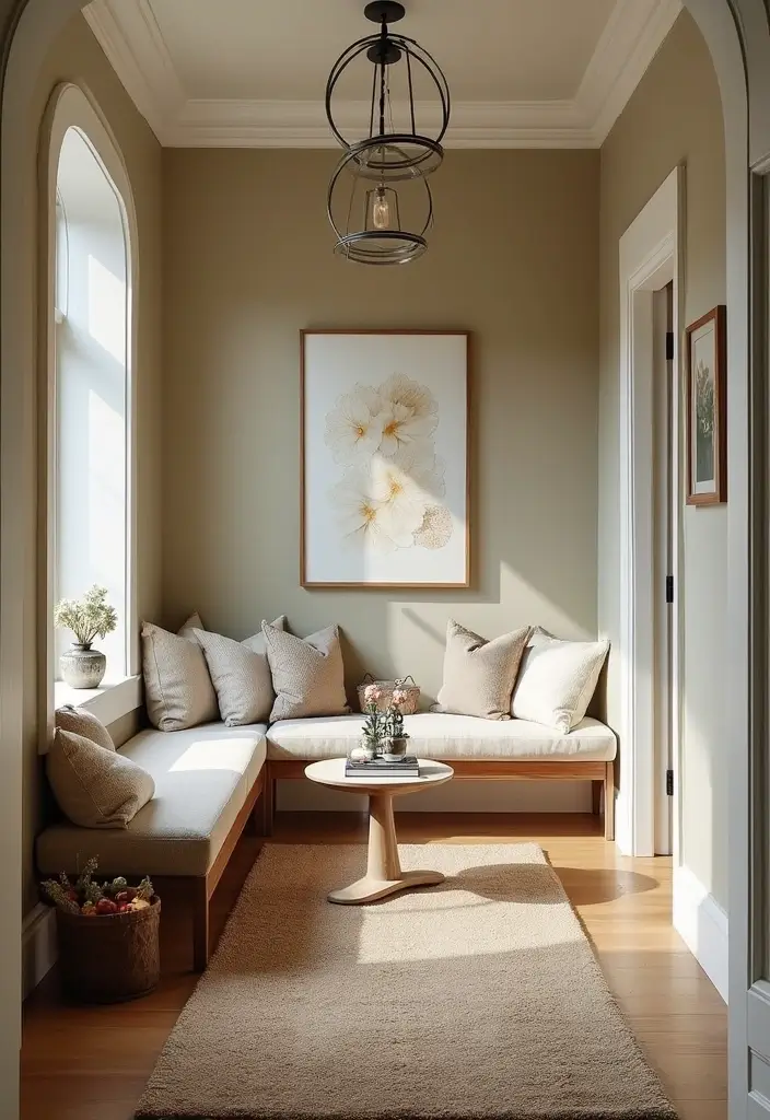 cozy entryway nook with cushions and small table