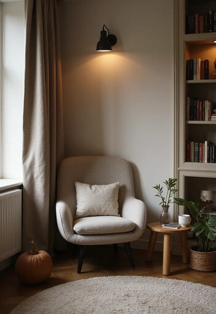 cozy home office reading nook with chair bookshelf and soft lighting