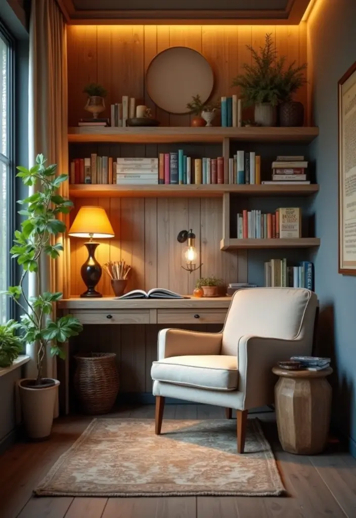 cozy reading nook in home office with chair and bookshelf