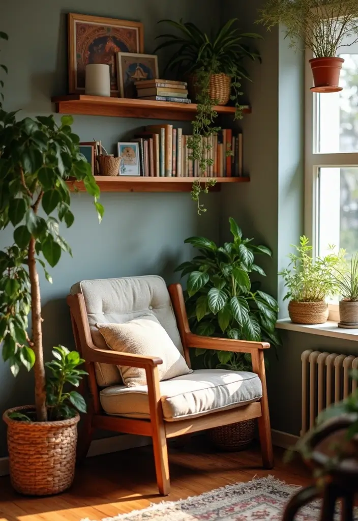 cozy reading nook setup with plants and soft textures