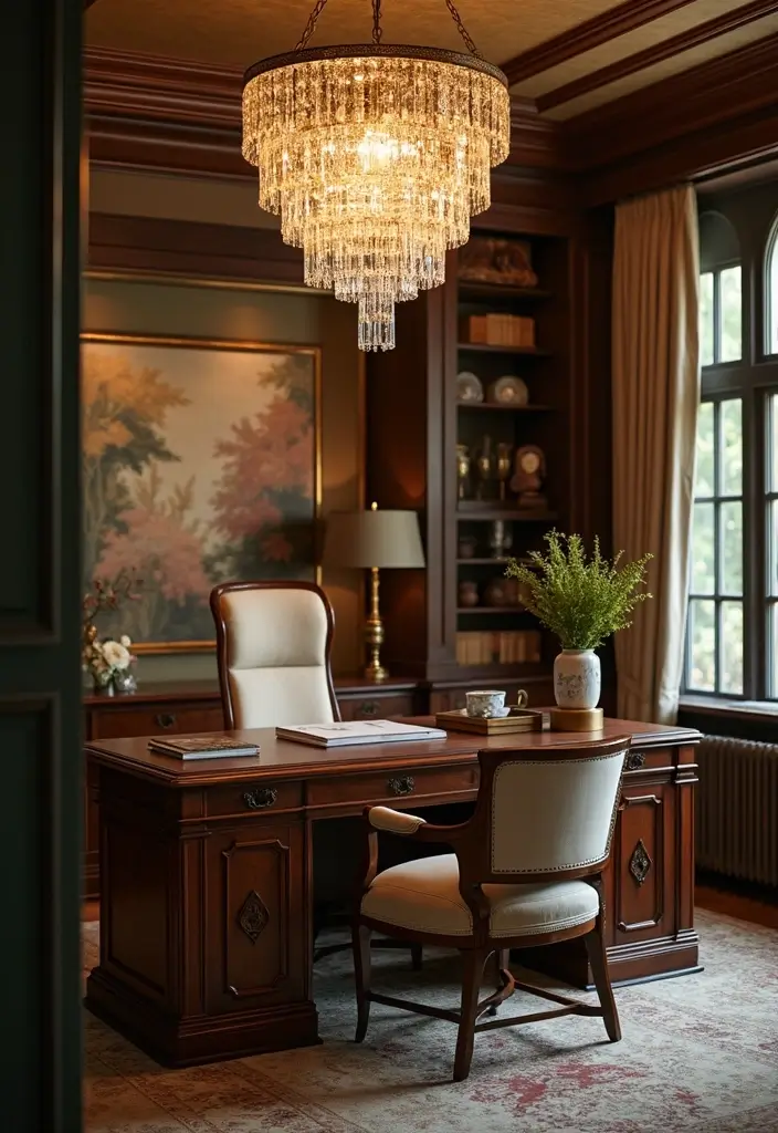 crystal chandelier lighting in elegant home office