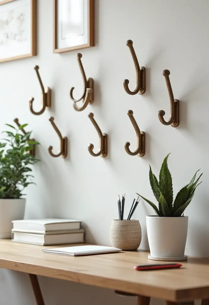 decorative wall hooks holding bags and accessories