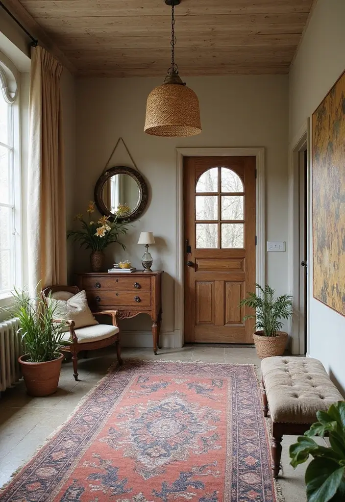 entryway mixing modern furniture with boho decor
