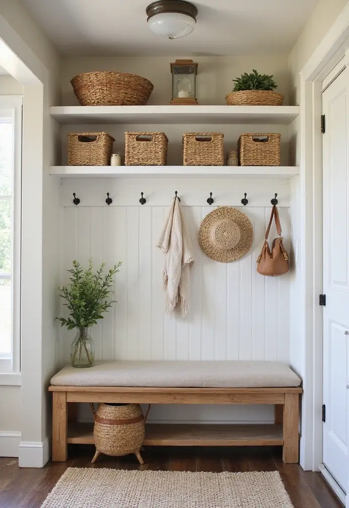 entryway with bench storage and woven baskets