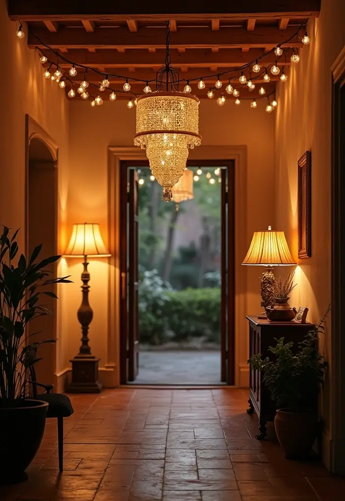 entryway with mixed light sources and warm tones