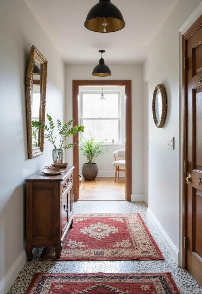 entryway with patterned rug and creative flooring