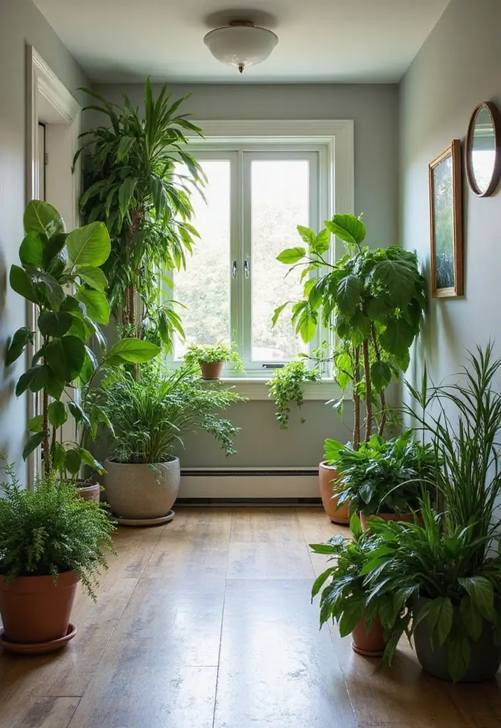 entryway with tall indoor plants and greenery