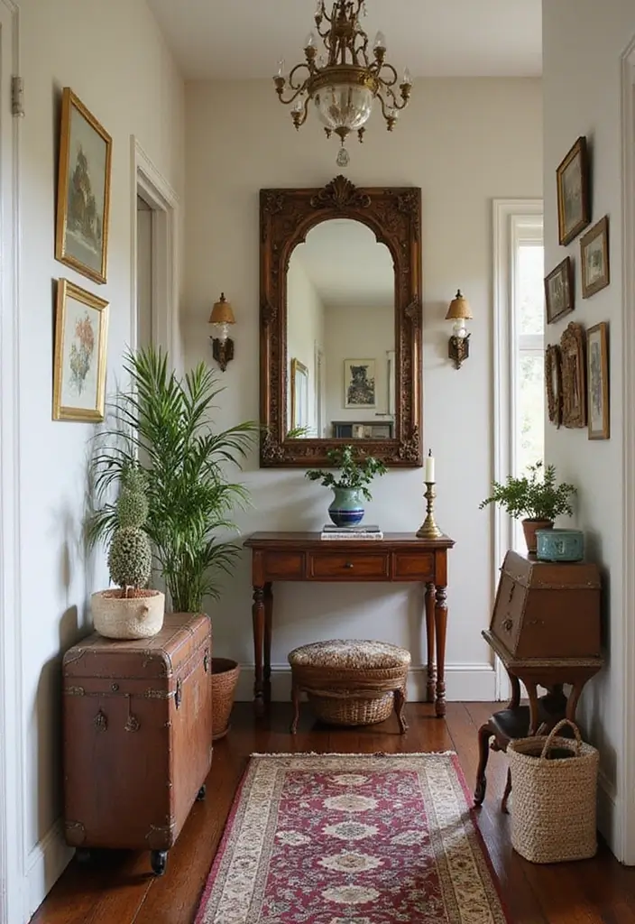 entryway with vintage mirror and rustic decor items