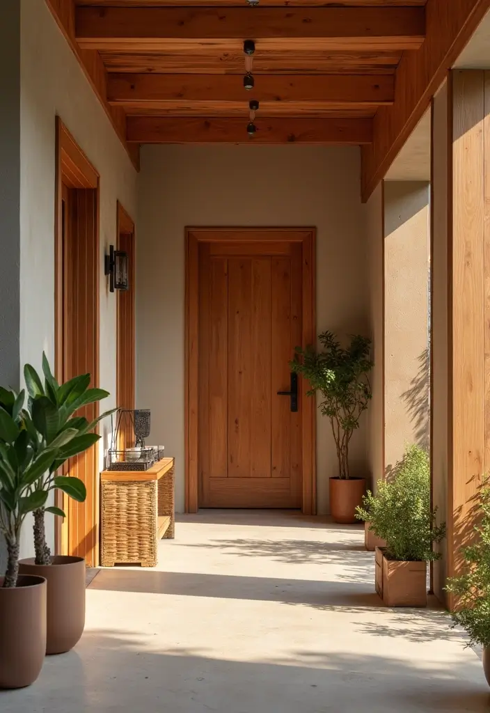 entryway with warm wood furniture and decor