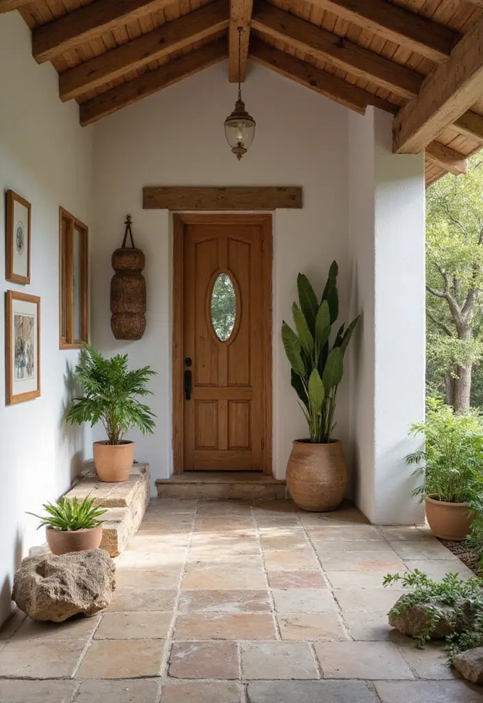 entryway with wood bench and natural decor pieces
