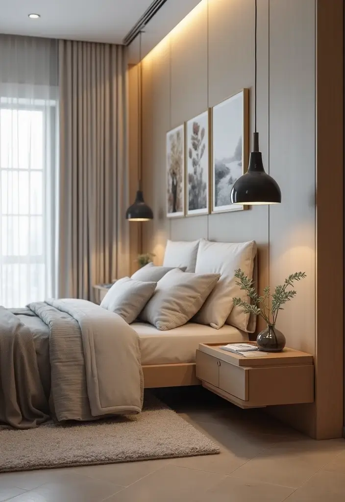 floating nightstands mounted beside bed