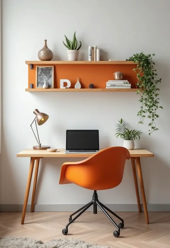 floating wall desk in small minimalist home office with shelves