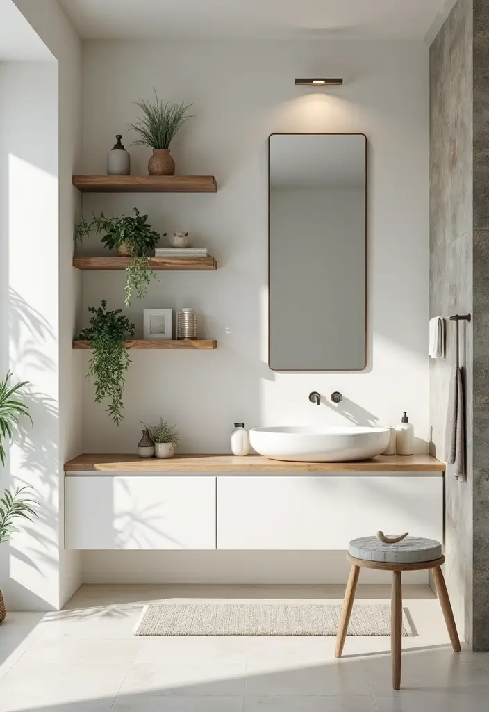 floating wooden shelves displaying towels and plants
