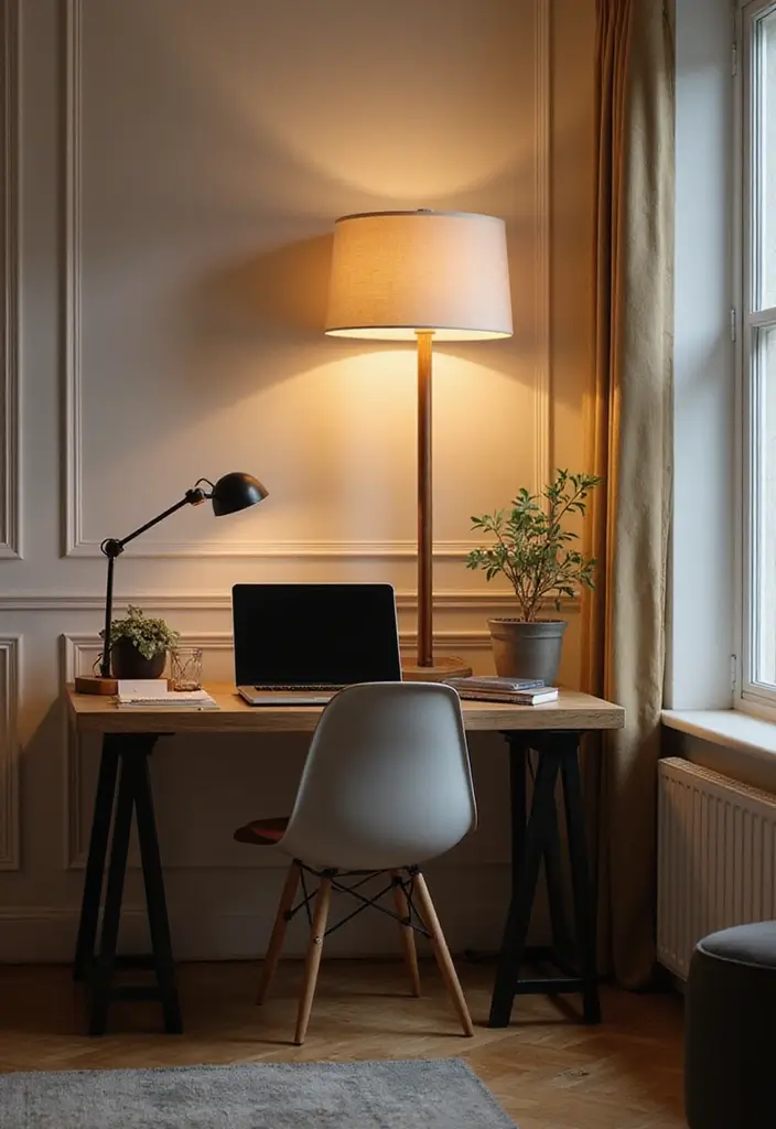 floor lamp creating ambient light in home office