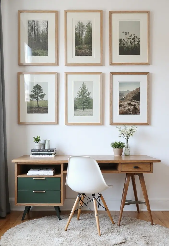 framed nature photography wall art in home office
