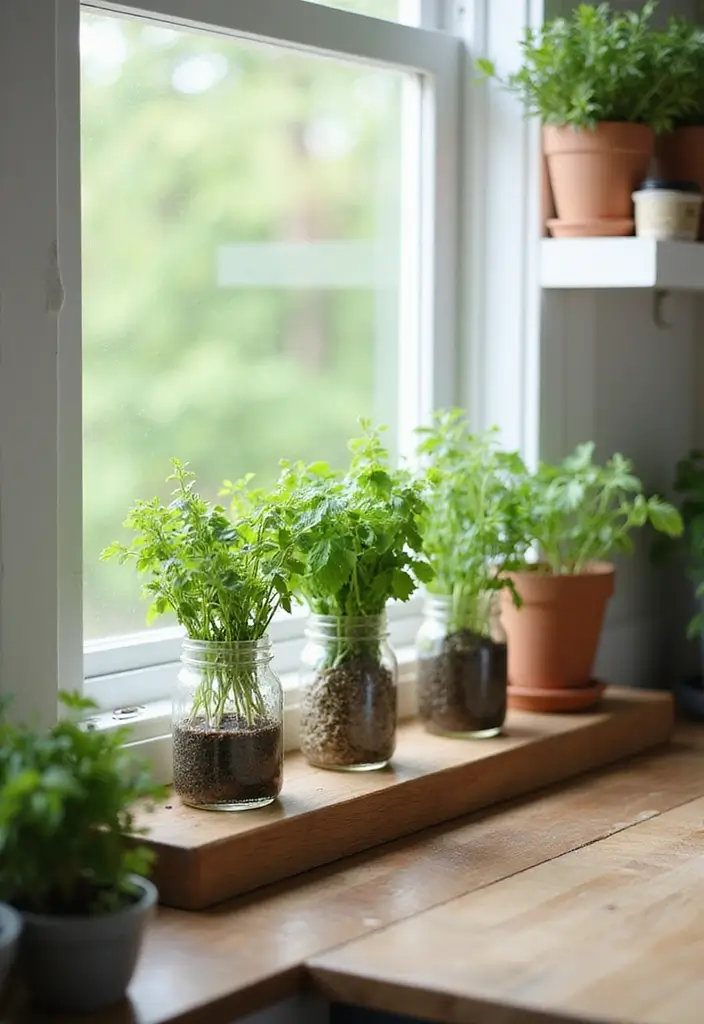 fresh kitchen herbs displayed in clay or mason jar containers