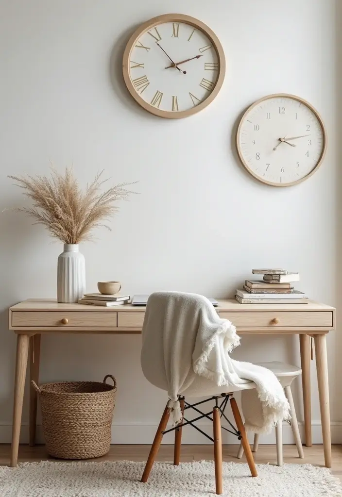 functional home office decor with baskets wall clock and hooks
