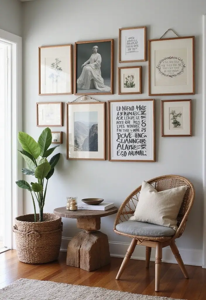 gallery wall with framed photos in boho entryway