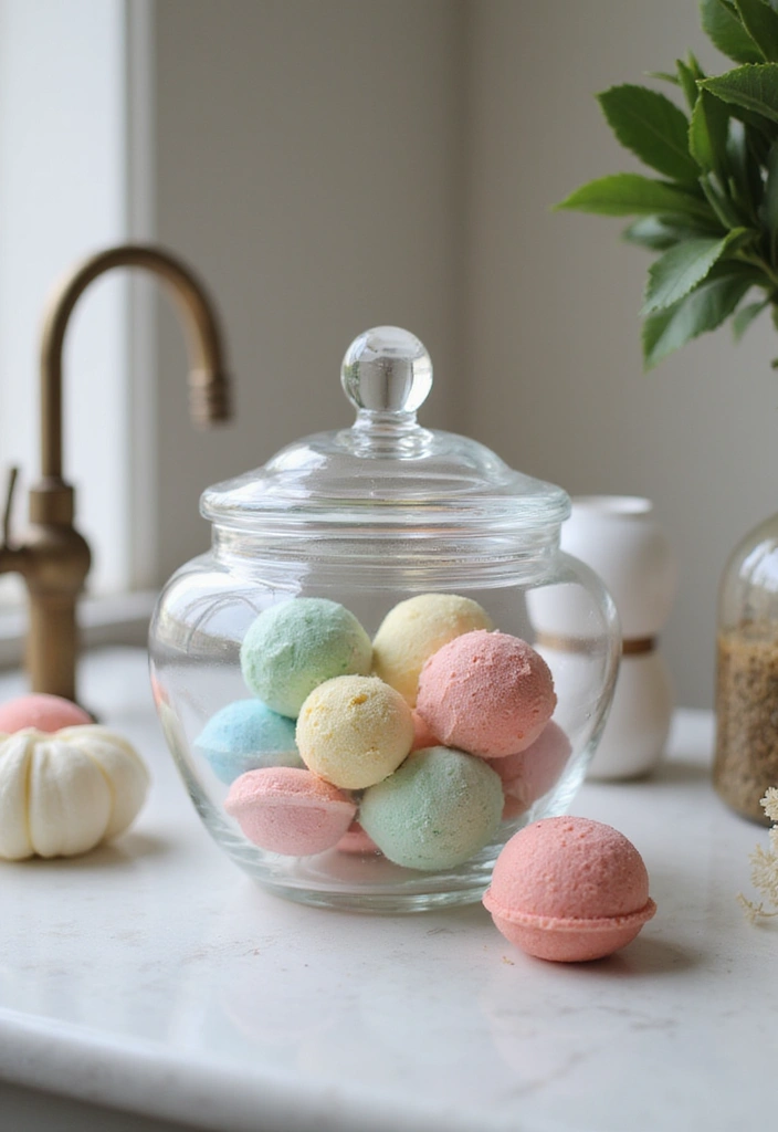 glass jar filled with colorful bath bombs