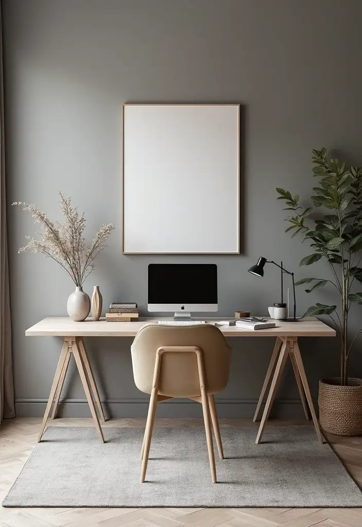 gray home office with layered shades warm lighting and modern decor
