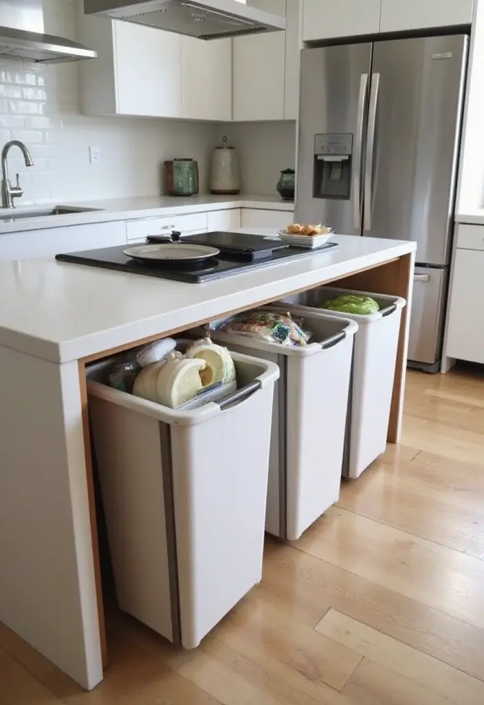 hidden trash bin inside kitchen cabinet