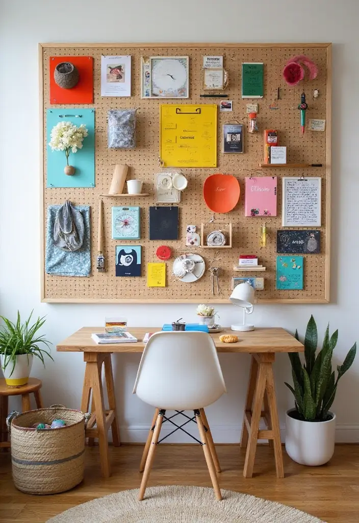 home office pegboard with hooks and baskets