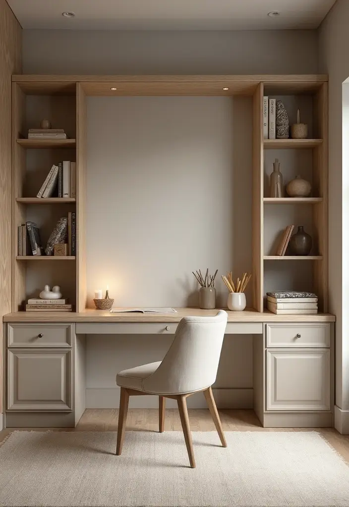 home office with beige taupe walls wooden shelves and warm lighting
