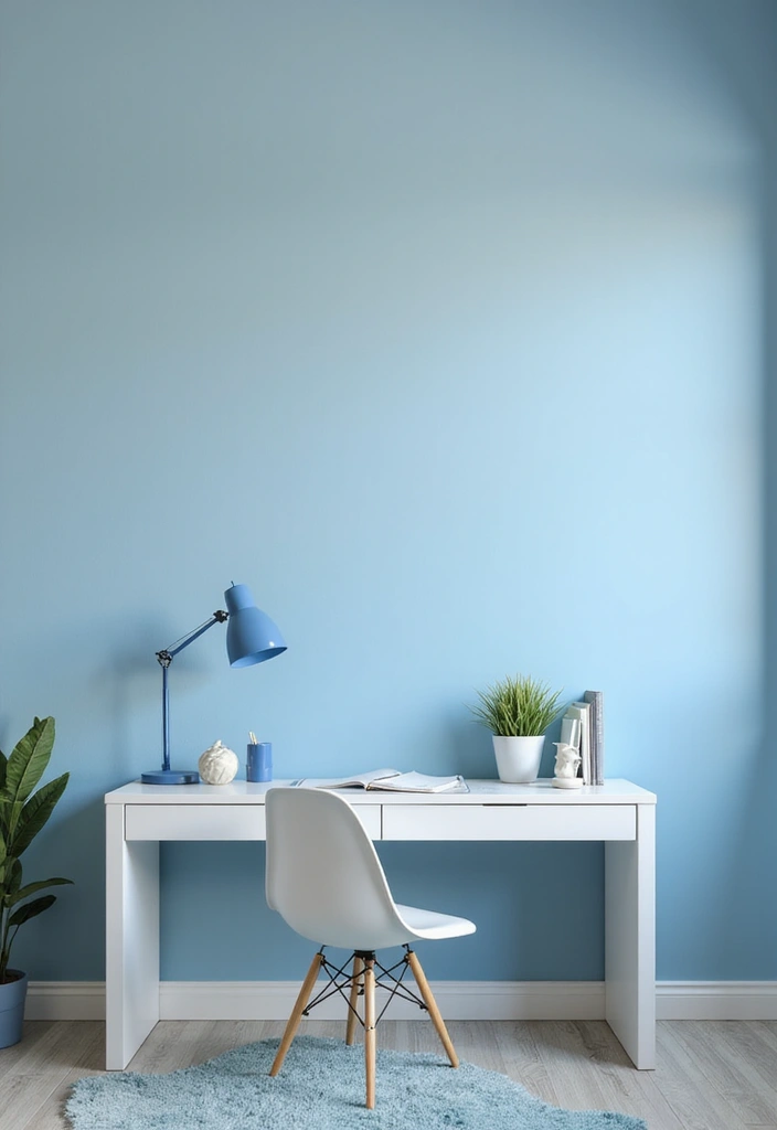 home office with blue walls blue desk lamp and calm decor