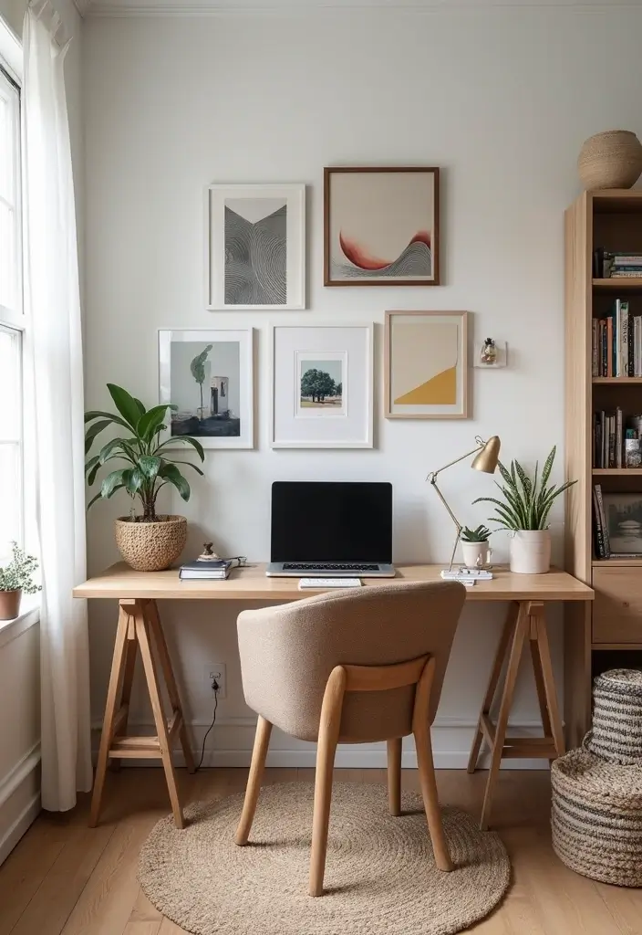 home office with gallery wall colorful art and decor