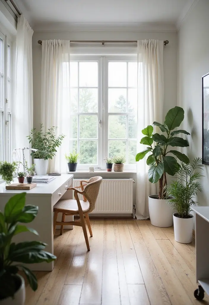 home office with large window sheer curtains and bright sunlight